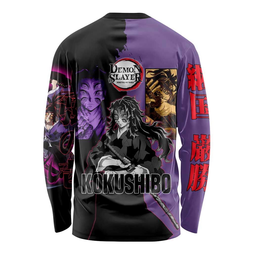 Kokushibo from Demon Slayer Long Sleeve Shirt with Purple and Black Split Background and Sword Draw Manga Style Design - The Mazicc