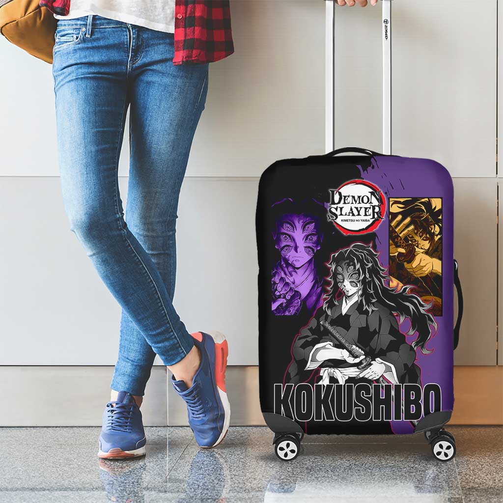 Kokushibo from Demon Slayer Luggage Cover with Purple and Black Split Background and Sword Draw Manga Style Design - The Mazicc