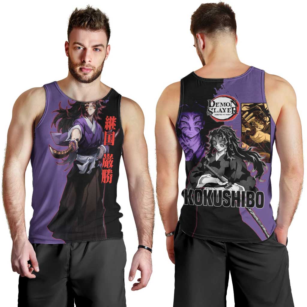 Kokushibo from Demon Slayer Men Tank Top with Purple and Black Split Background and Sword Draw Manga Style Design - The Mazicc