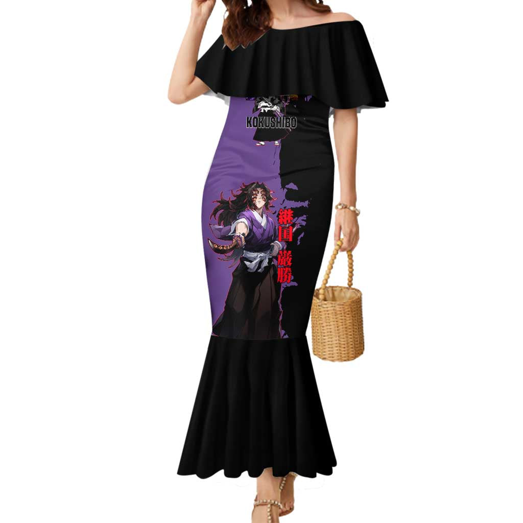 Kokushibo from Demon Slayer Mermaid Dress with Purple and Black Split Background and Sword Draw Manga Style Design - The Mazicc