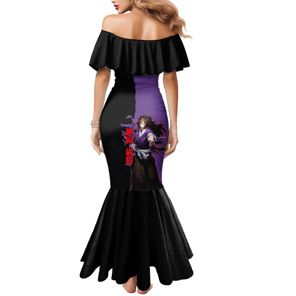 Kokushibo from Demon Slayer Mermaid Dress with Purple and Black Split Background and Sword Draw Manga Style Design - The Mazicc