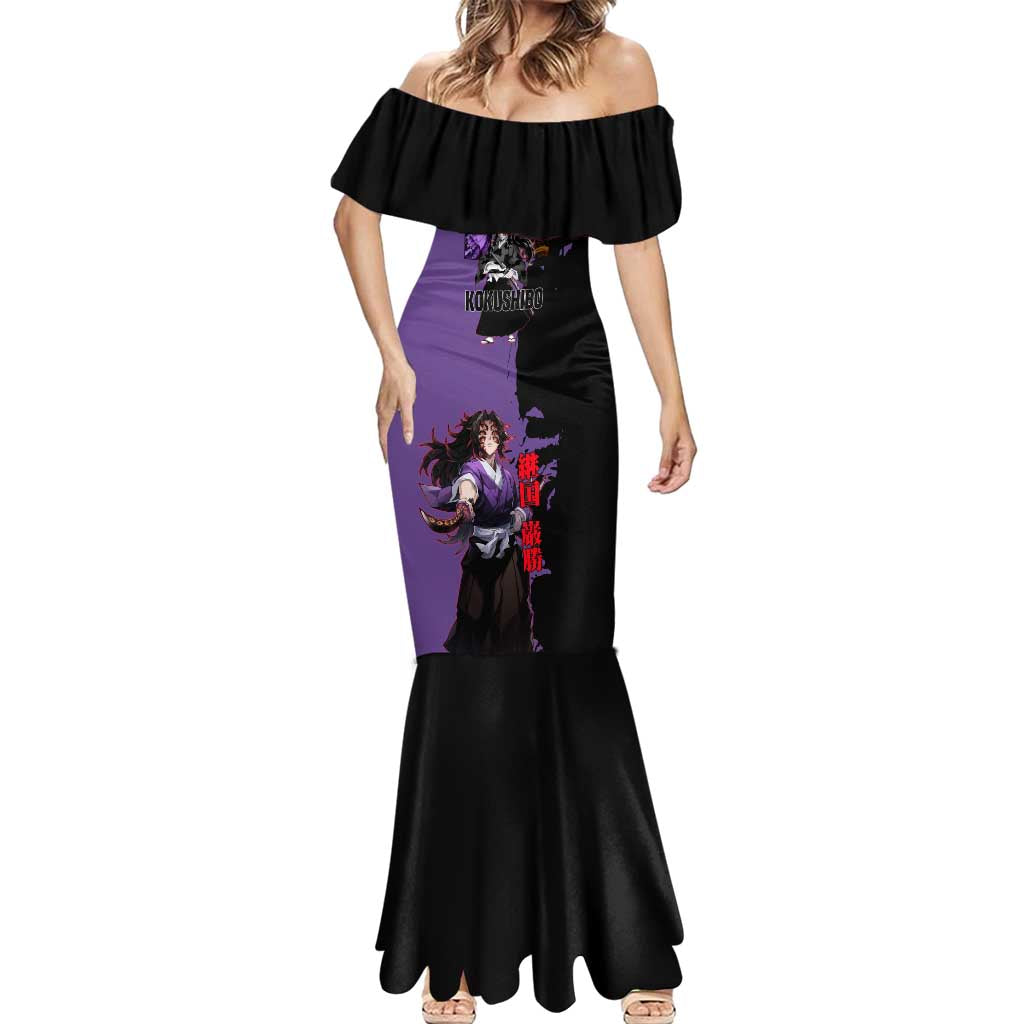 Kokushibo from Demon Slayer Mermaid Dress with Purple and Black Split Background and Sword Draw Manga Style Design - The Mazicc