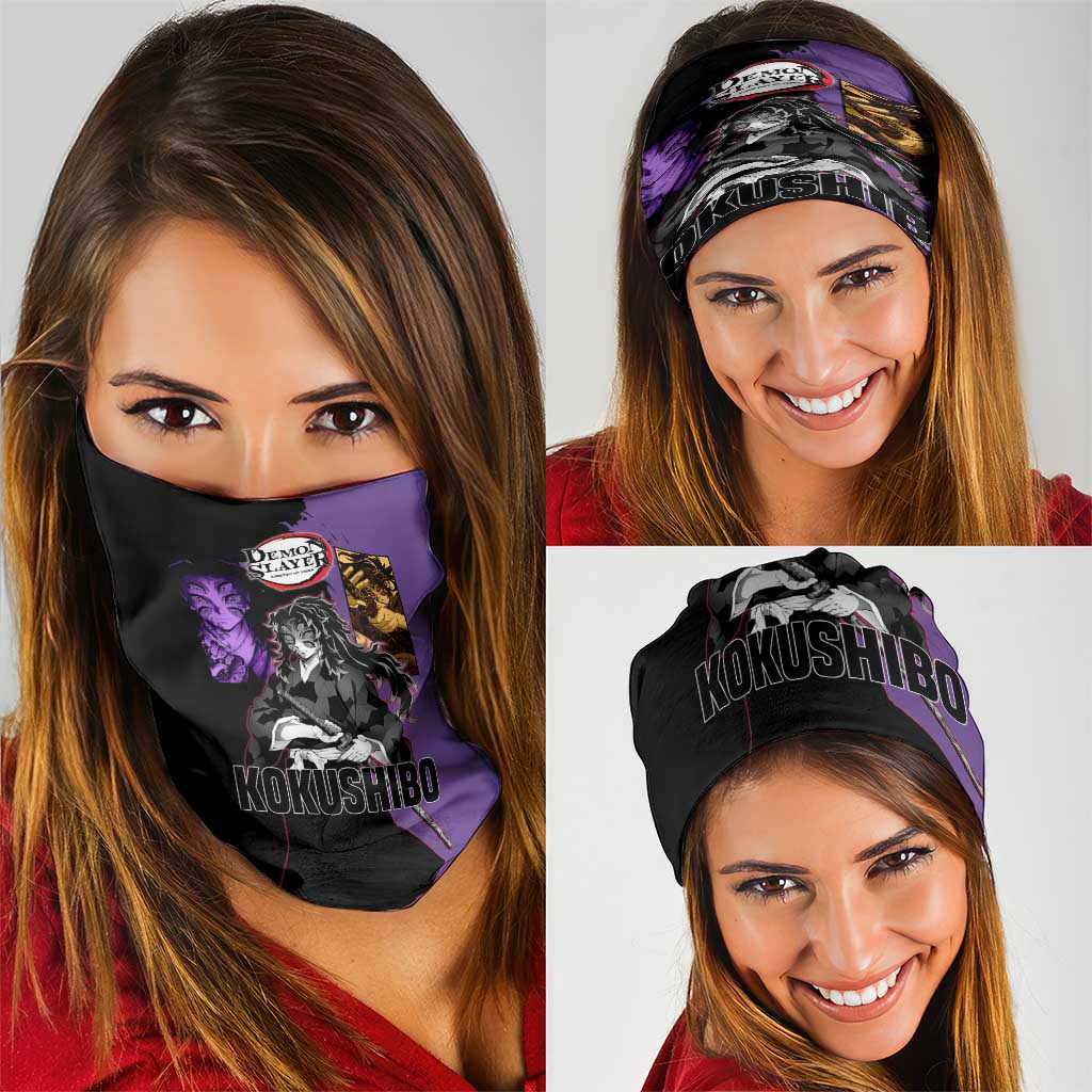 Kokushibo from Demon Slayer Neck Gaiter with Purple and Black Split Background and Sword Draw Manga Style Design - The Mazicc