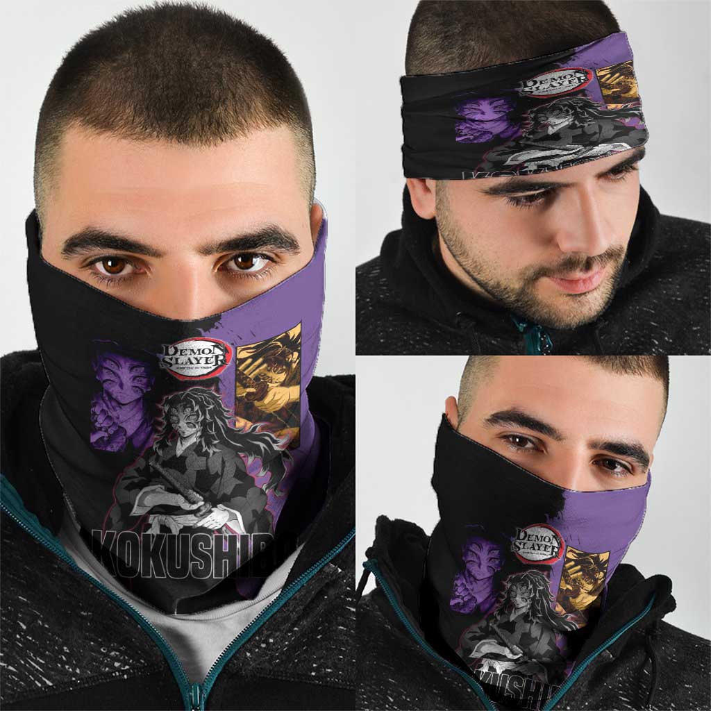 Kokushibo from Demon Slayer Neck Gaiter with Purple and Black Split Background and Sword Draw Manga Style Design - The Mazicc