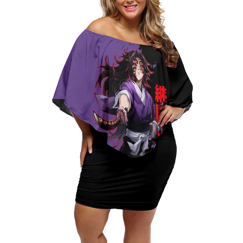Kokushibo from Demon Slayer Off Shoulder Short Dress with Purple and Black Split Background and Sword Draw Manga Style Design - The Mazicc
