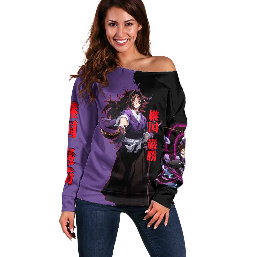 Kokushibo from Demon Slayer Off Shoulder Sweater with Purple and Black Split Background and Sword Draw Manga Style Design - The Mazicc