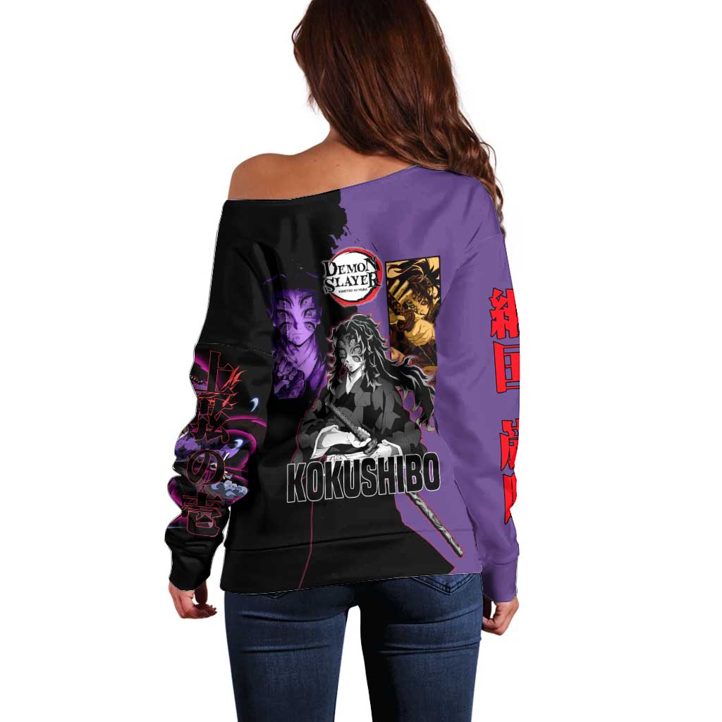 Kokushibo from Demon Slayer Off Shoulder Sweater with Purple and Black Split Background and Sword Draw Manga Style Design - The Mazicc