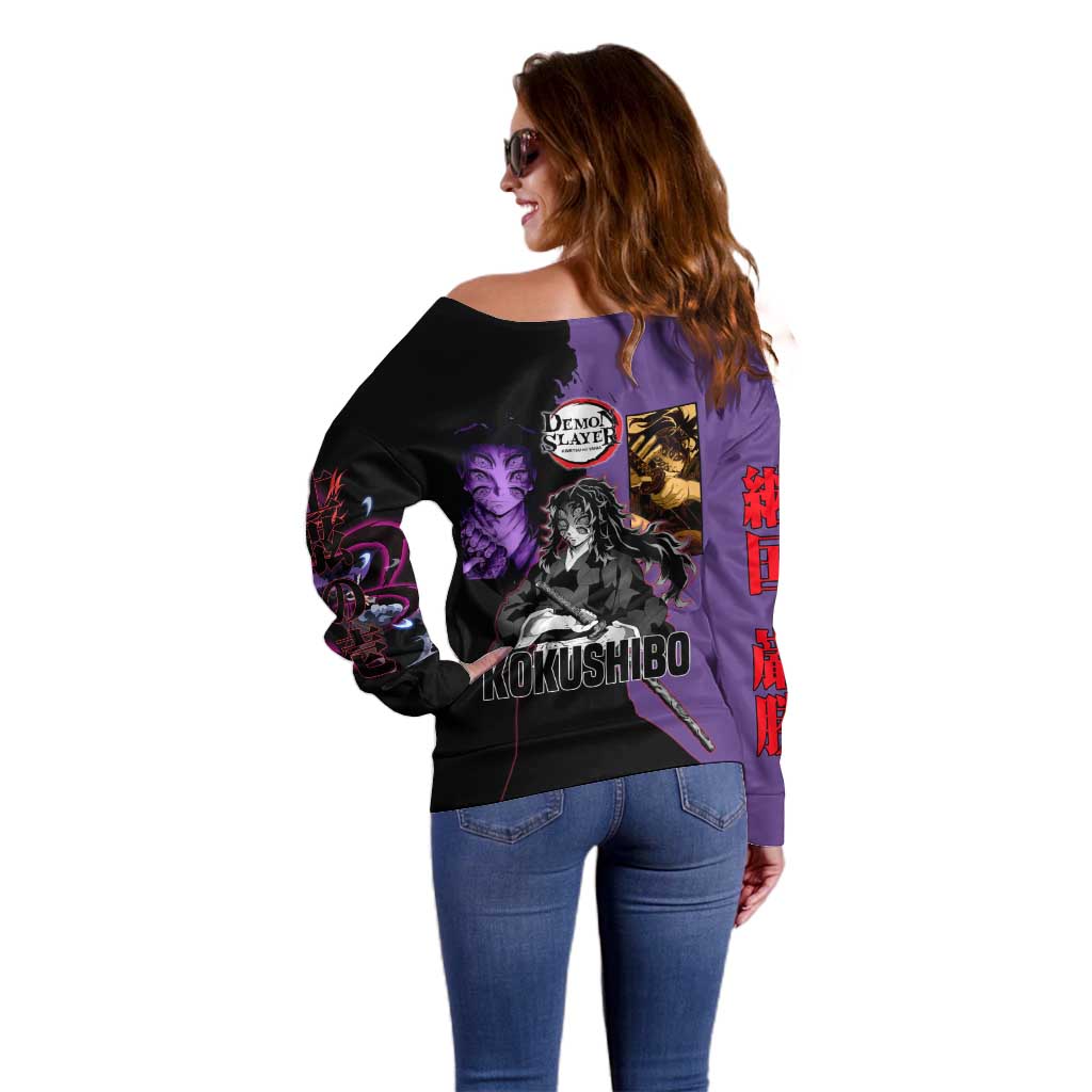 Kokushibo from Demon Slayer Off Shoulder Sweater with Purple and Black Split Background and Sword Draw Manga Style Design - The Mazicc