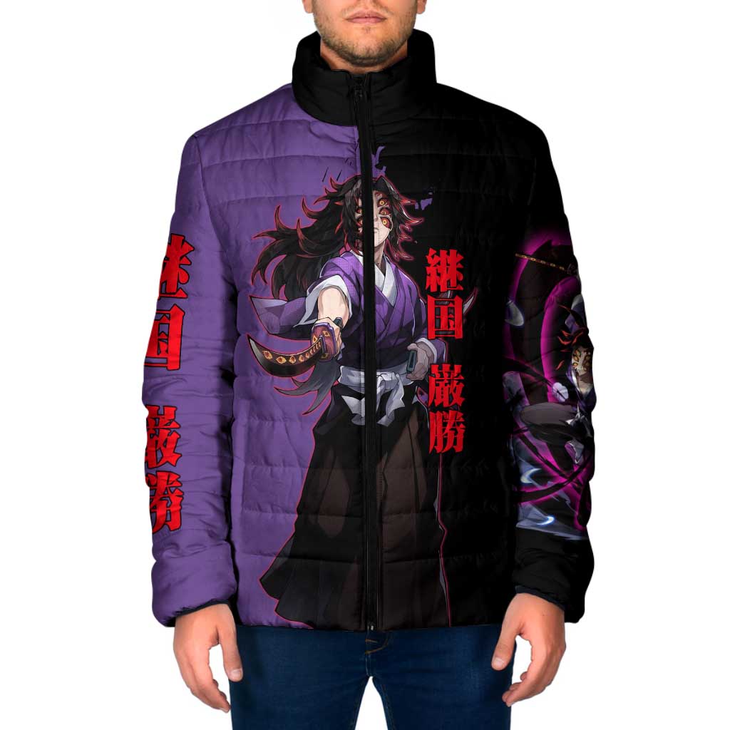 Kokushibo from Demon Slayer Padded Jacket with Purple and Black Split Background and Sword Draw Manga Style Design - The Mazicc