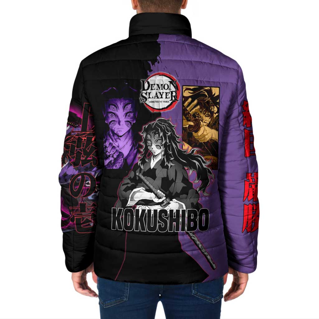 Kokushibo from Demon Slayer Padded Jacket with Purple and Black Split Background and Sword Draw Manga Style Design - The Mazicc