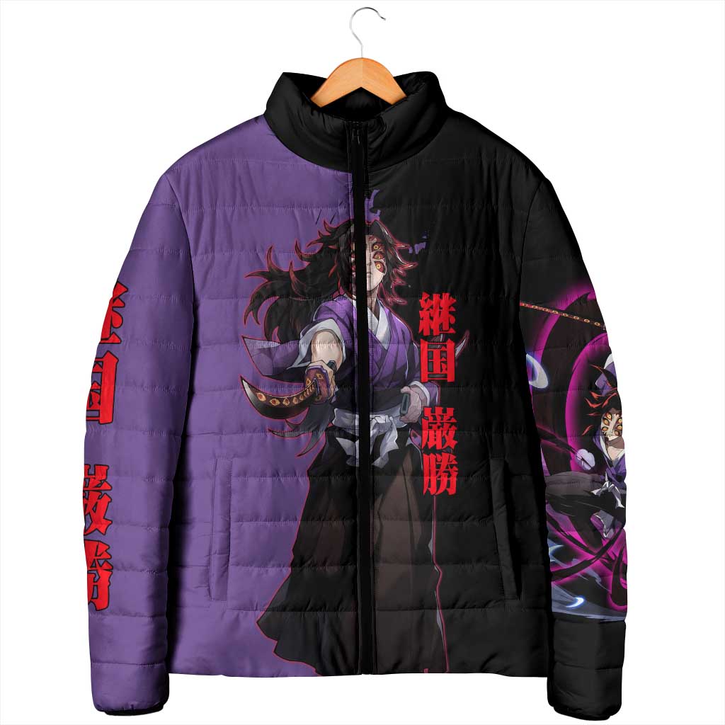 Kokushibo from Demon Slayer Padded Jacket with Purple and Black Split Background and Sword Draw Manga Style Design - The Mazicc
