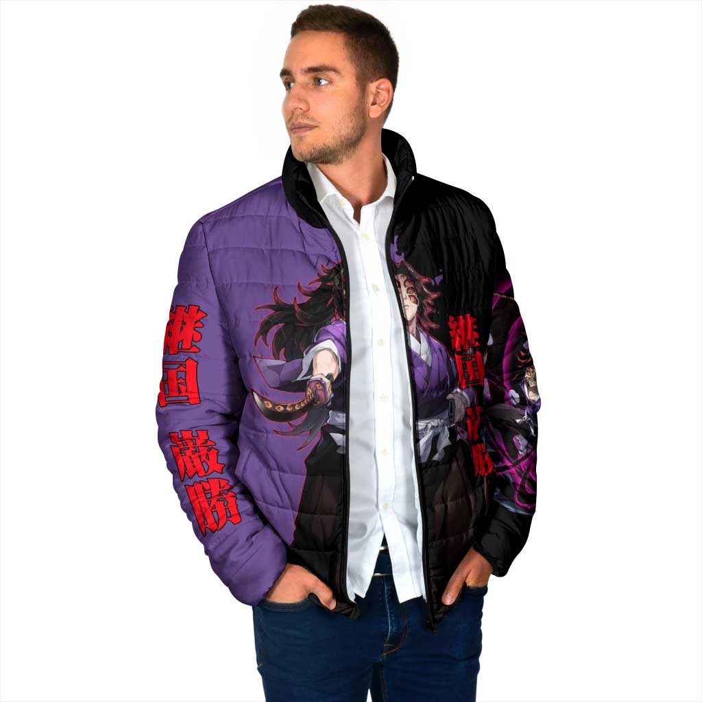 Kokushibo from Demon Slayer Padded Jacket with Purple and Black Split Background and Sword Draw Manga Style Design - The Mazicc