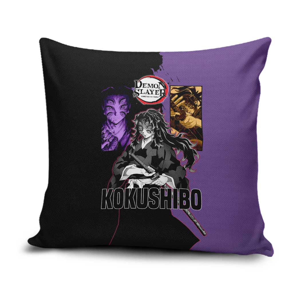 Kokushibo from Demon Slayer Pillow Cover with Purple and Black Split Background and Sword Draw Manga Style Design - The Mazicc