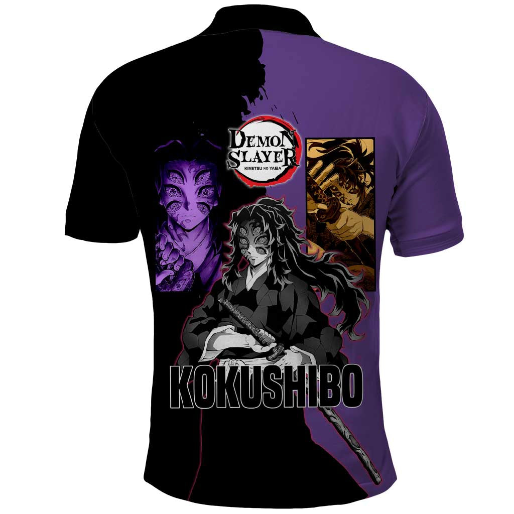 Kokushibo from Demon Slayer Polo Shirt with Purple and Black Split Background and Sword Draw Manga Style Design - The Mazicc
