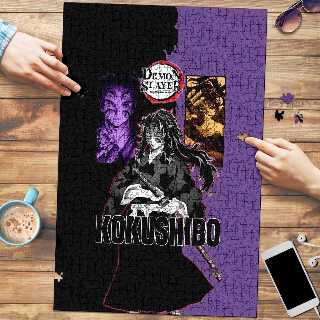 Kokushibo from Demon Slayer Puzzle with Purple and Black Split Background and Sword Draw Manga Style Design - The Mazicc