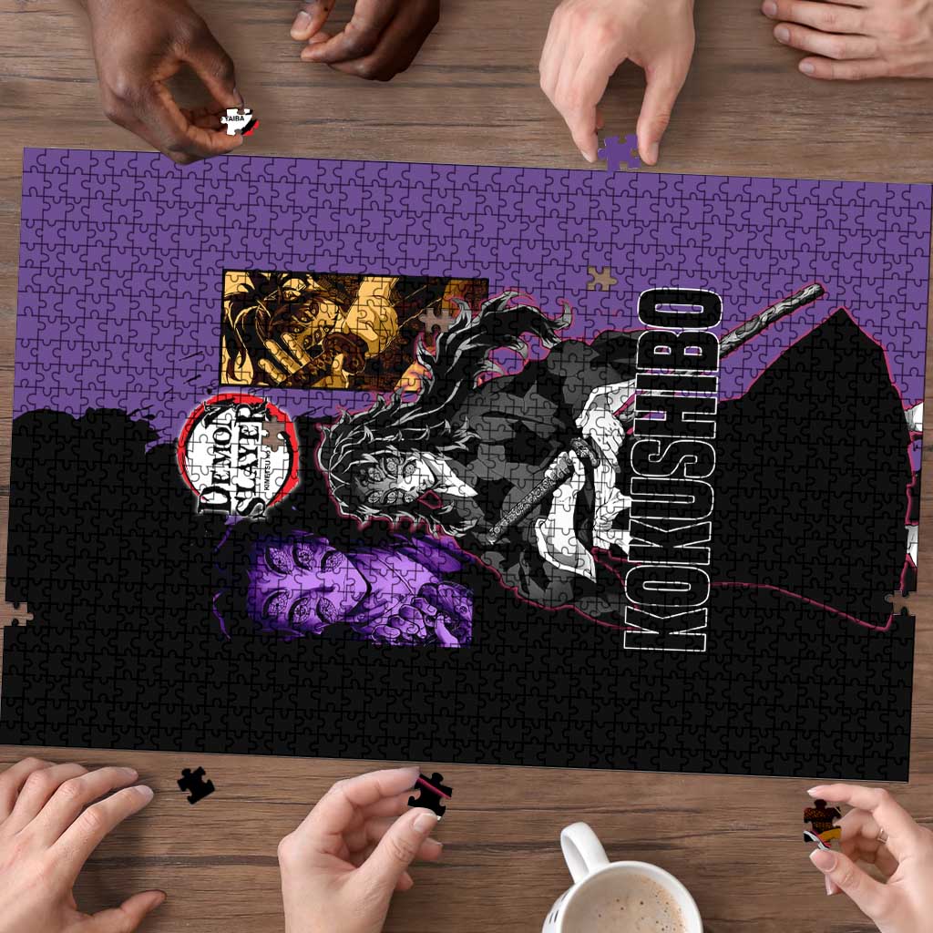 Kokushibo from Demon Slayer Puzzle with Purple and Black Split Background and Sword Draw Manga Style Design - The Mazicc