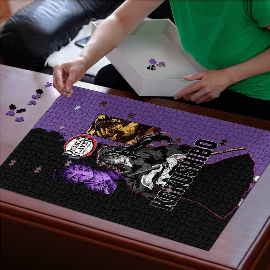 Kokushibo from Demon Slayer Puzzle with Purple and Black Split Background and Sword Draw Manga Style Design - The Mazicc