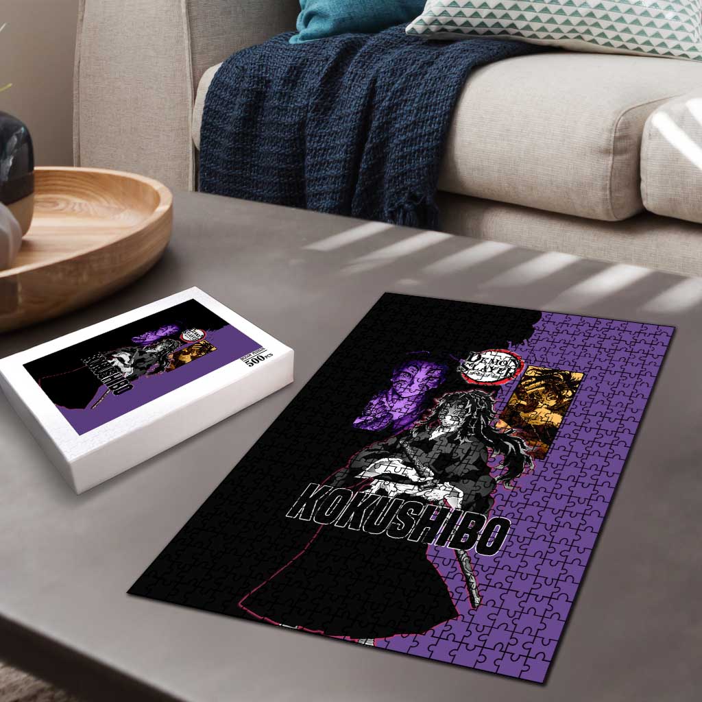 Kokushibo from Demon Slayer Puzzle with Purple and Black Split Background and Sword Draw Manga Style Design - The Mazicc