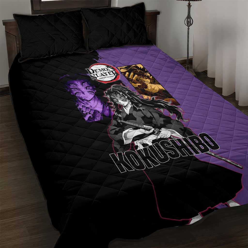 Kokushibo from Demon Slayer Quilt Bed Set with Purple and Black Split Background and Sword Draw Manga Style Design - The Mazicc