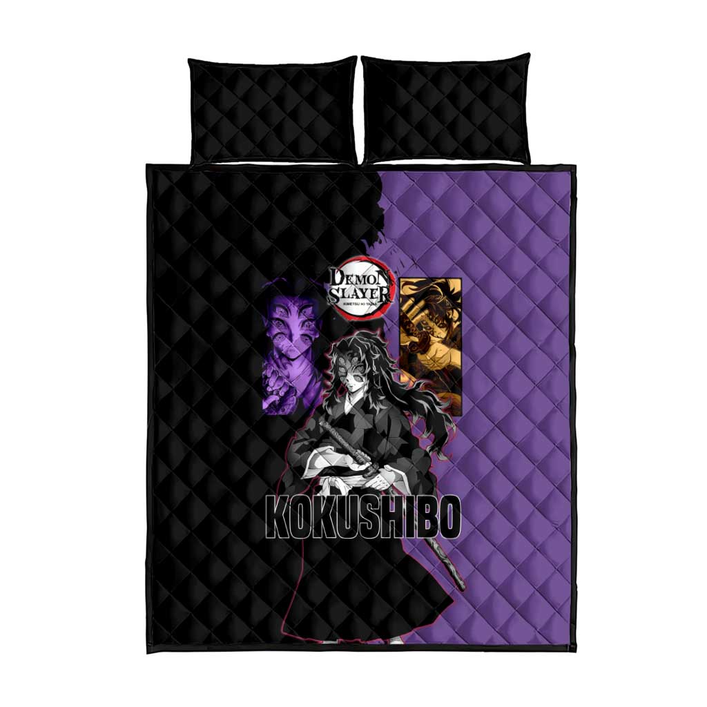 Kokushibo from Demon Slayer Quilt Bed Set with Purple and Black Split Background and Sword Draw Manga Style Design - The Mazicc