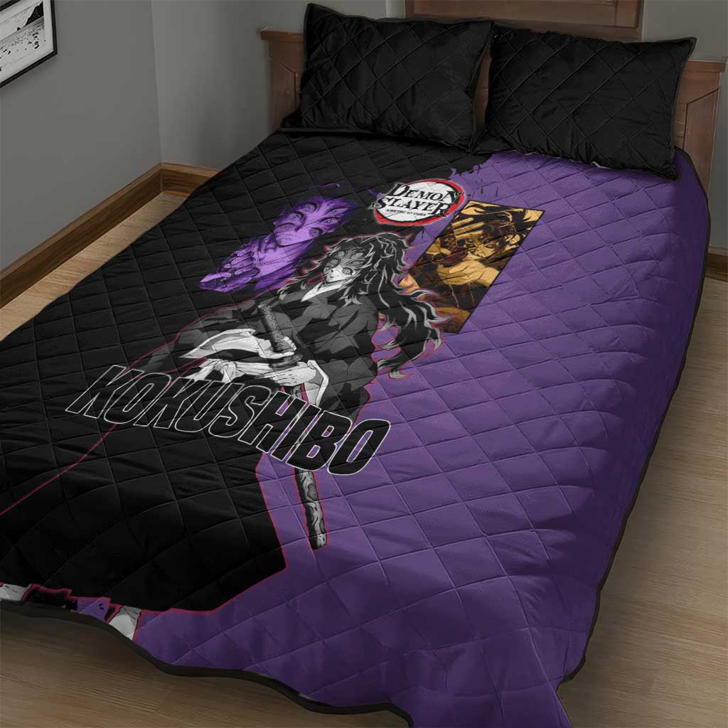 Kokushibo from Demon Slayer Quilt Bed Set with Purple and Black Split Background and Sword Draw Manga Style Design - The Mazicc