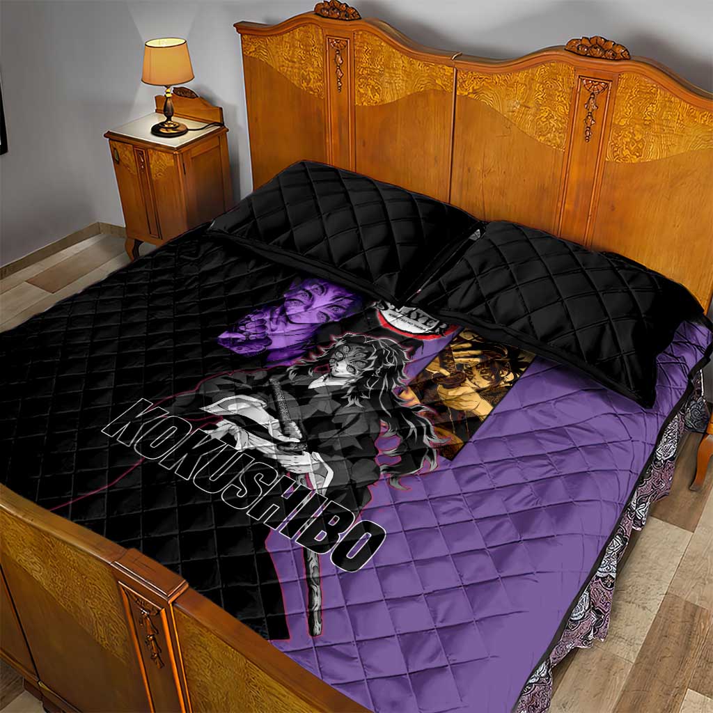 Kokushibo from Demon Slayer Quilt Bed Set with Purple and Black Split Background and Sword Draw Manga Style Design - The Mazicc