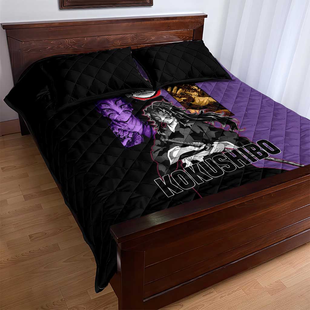 Kokushibo from Demon Slayer Quilt Bed Set with Purple and Black Split Background and Sword Draw Manga Style Design - The Mazicc