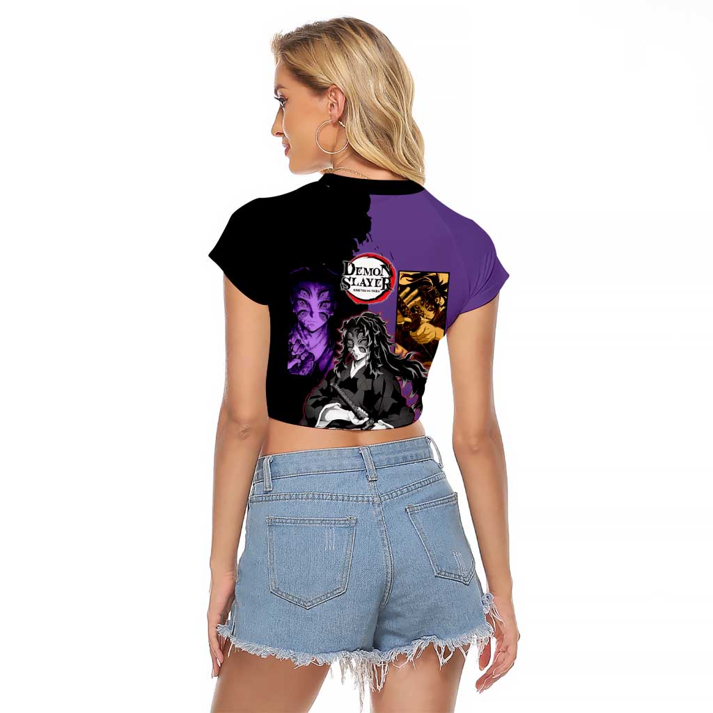 Kokushibo from Demon Slayer Raglan Cropped T Shirt with Purple and Black Split Background and Sword Draw Manga Style Design - The Mazicc