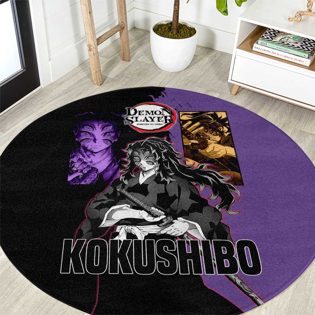 Kokushibo from Demon Slayer Round Carpet with Purple and Black Split Background and Sword Draw Manga Style Design - The Mazicc