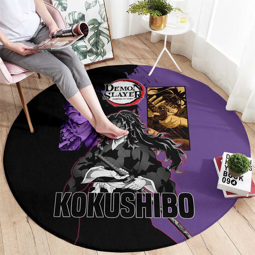 Kokushibo from Demon Slayer Round Carpet with Purple and Black Split Background and Sword Draw Manga Style Design - The Mazicc