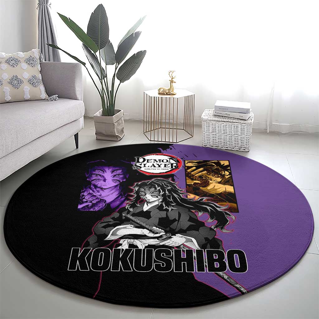 Kokushibo from Demon Slayer Round Carpet with Purple and Black Split Background and Sword Draw Manga Style Design - The Mazicc