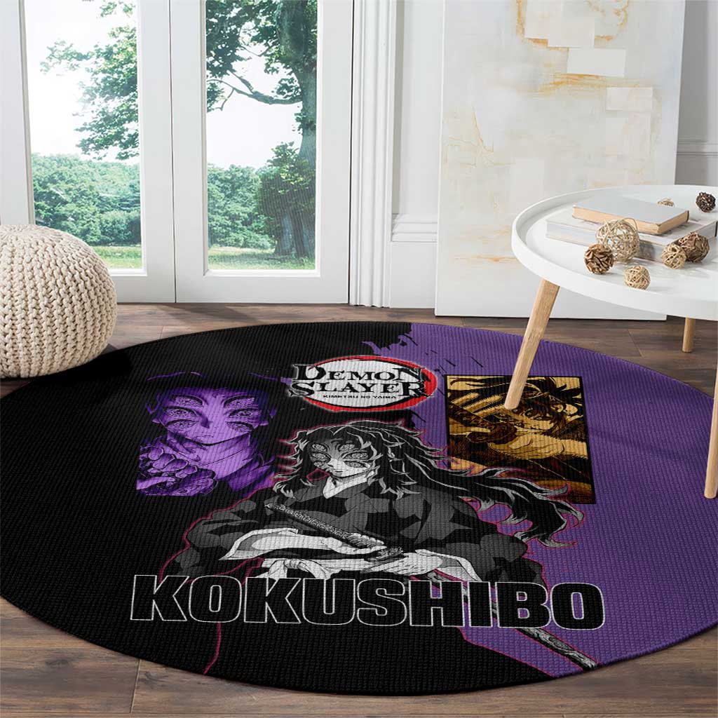 Kokushibo from Demon Slayer Round Carpet with Purple and Black Split Background and Sword Draw Manga Style Design - The Mazicc