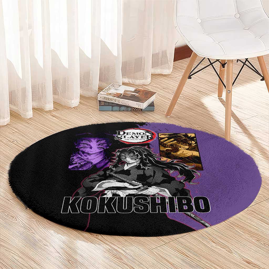 Kokushibo from Demon Slayer Round Carpet with Purple and Black Split Background and Sword Draw Manga Style Design - The Mazicc