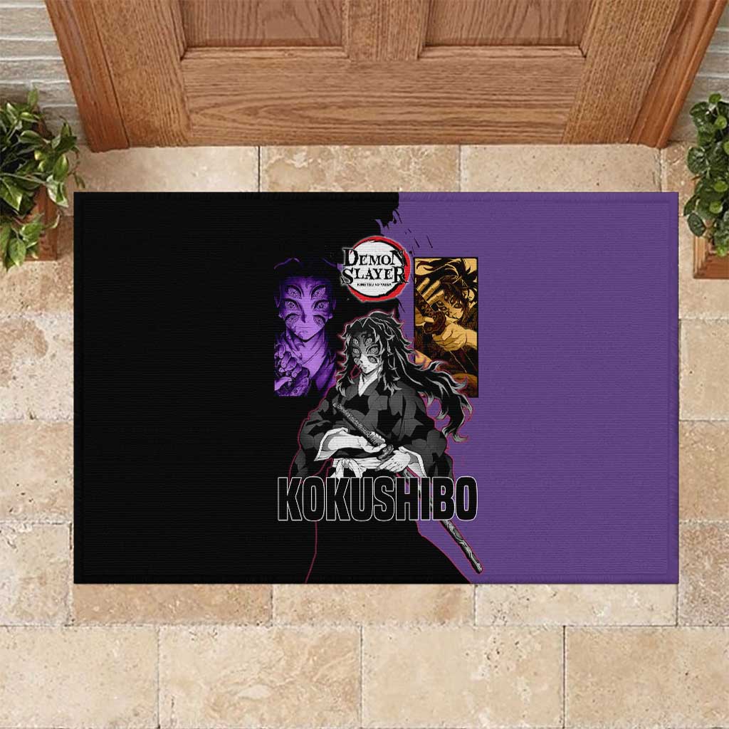 Kokushibo from Demon Slayer Rubber Doormat with Purple and Black Split Background and Sword Draw Manga Style Design - The Mazicc