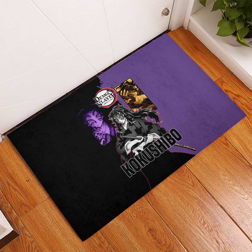 Kokushibo from Demon Slayer Rubber Doormat with Purple and Black Split Background and Sword Draw Manga Style Design - The Mazicc