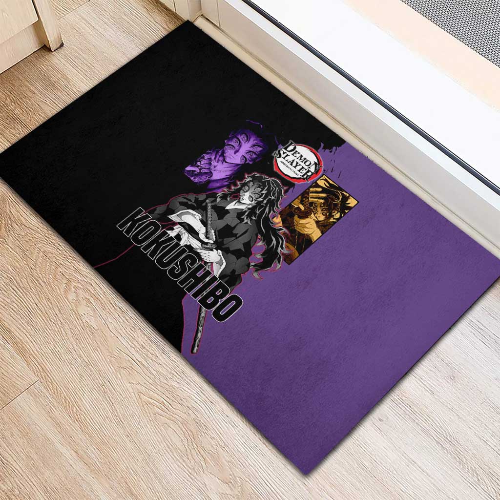 Kokushibo from Demon Slayer Rubber Doormat with Purple and Black Split Background and Sword Draw Manga Style Design - The Mazicc