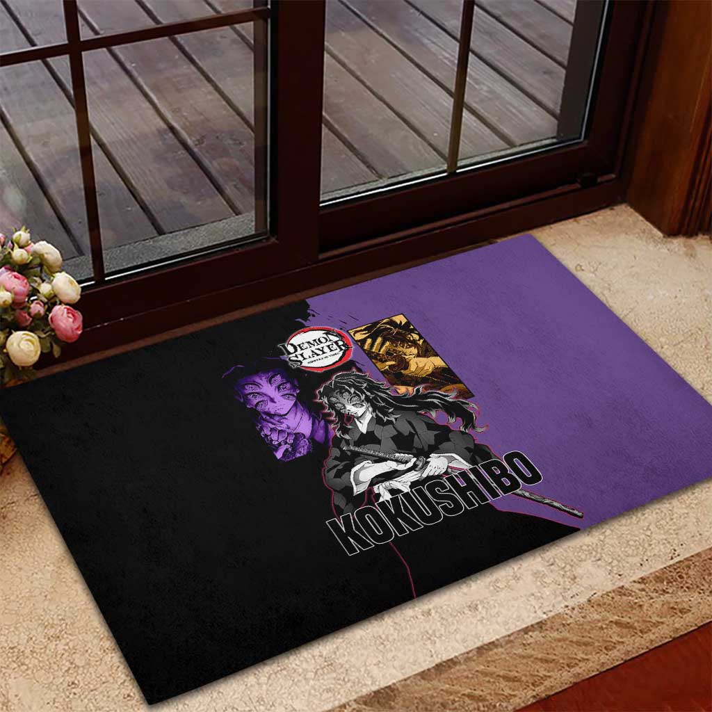 Kokushibo from Demon Slayer Rubber Doormat with Purple and Black Split Background and Sword Draw Manga Style Design - The Mazicc