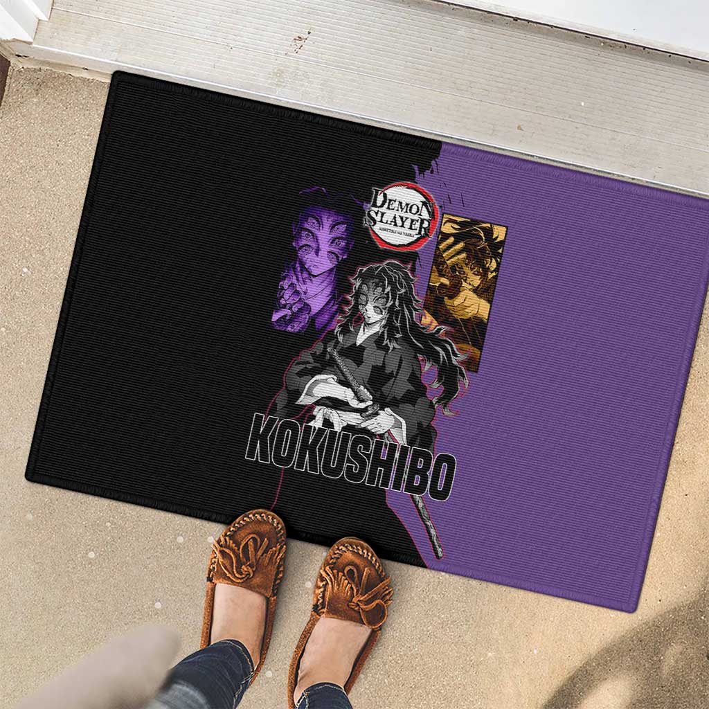 Kokushibo from Demon Slayer Rubber Doormat with Purple and Black Split Background and Sword Draw Manga Style Design - The Mazicc