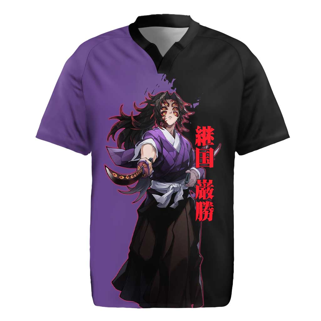 Kokushibo from Demon Slayer Rugby Jersey with Purple and Black Split Background and Sword Draw Manga Style Design - The Mazicc