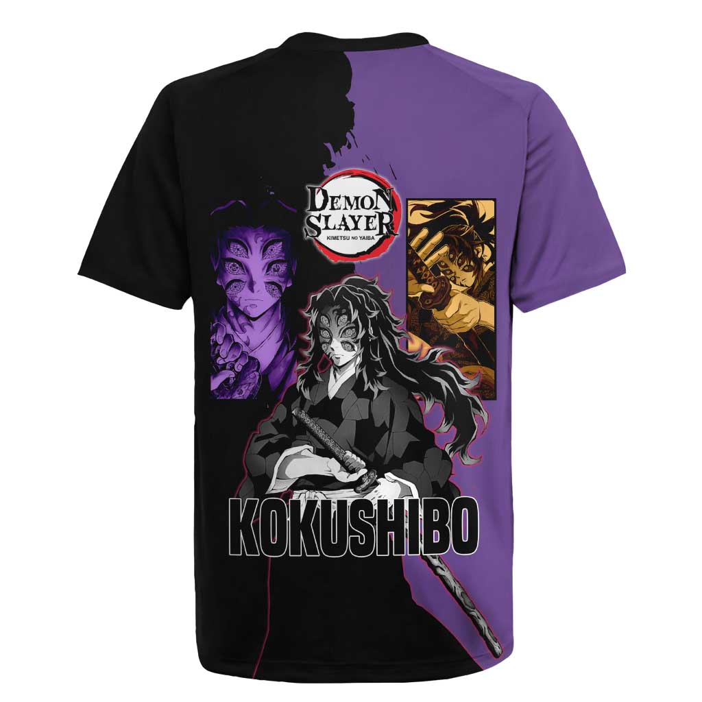 Kokushibo from Demon Slayer Rugby Jersey with Purple and Black Split Background and Sword Draw Manga Style Design - The Mazicc