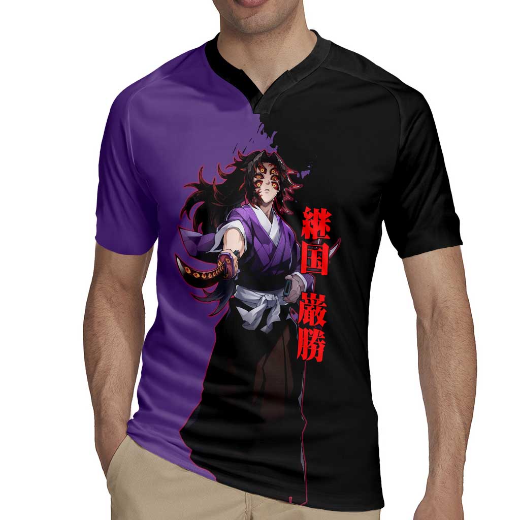 Kokushibo from Demon Slayer Rugby Jersey with Purple and Black Split Background and Sword Draw Manga Style Design - The Mazicc