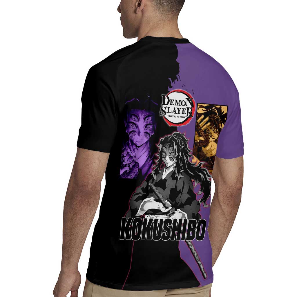 Kokushibo from Demon Slayer Rugby Jersey with Purple and Black Split Background and Sword Draw Manga Style Design - The Mazicc