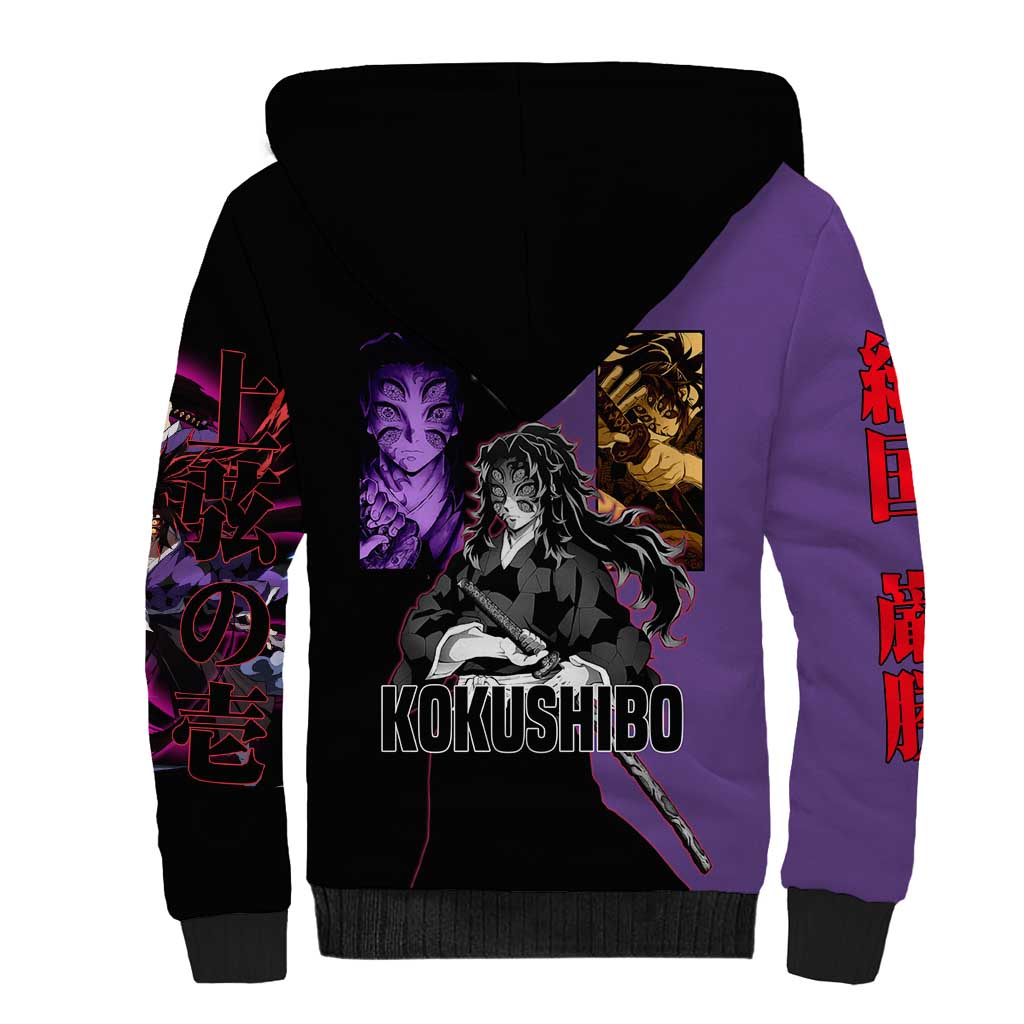 Kokushibo from Demon Slayer Sherpa Hoodie with Purple and Black Split Background and Sword Draw Manga Style Design - The Mazicc