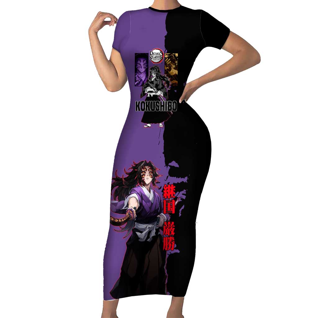 Kokushibo from Demon Slayer Short Sleeve Bodycon Dress with Purple and Black Split Background and Sword Draw Manga Style Design - The Mazicc