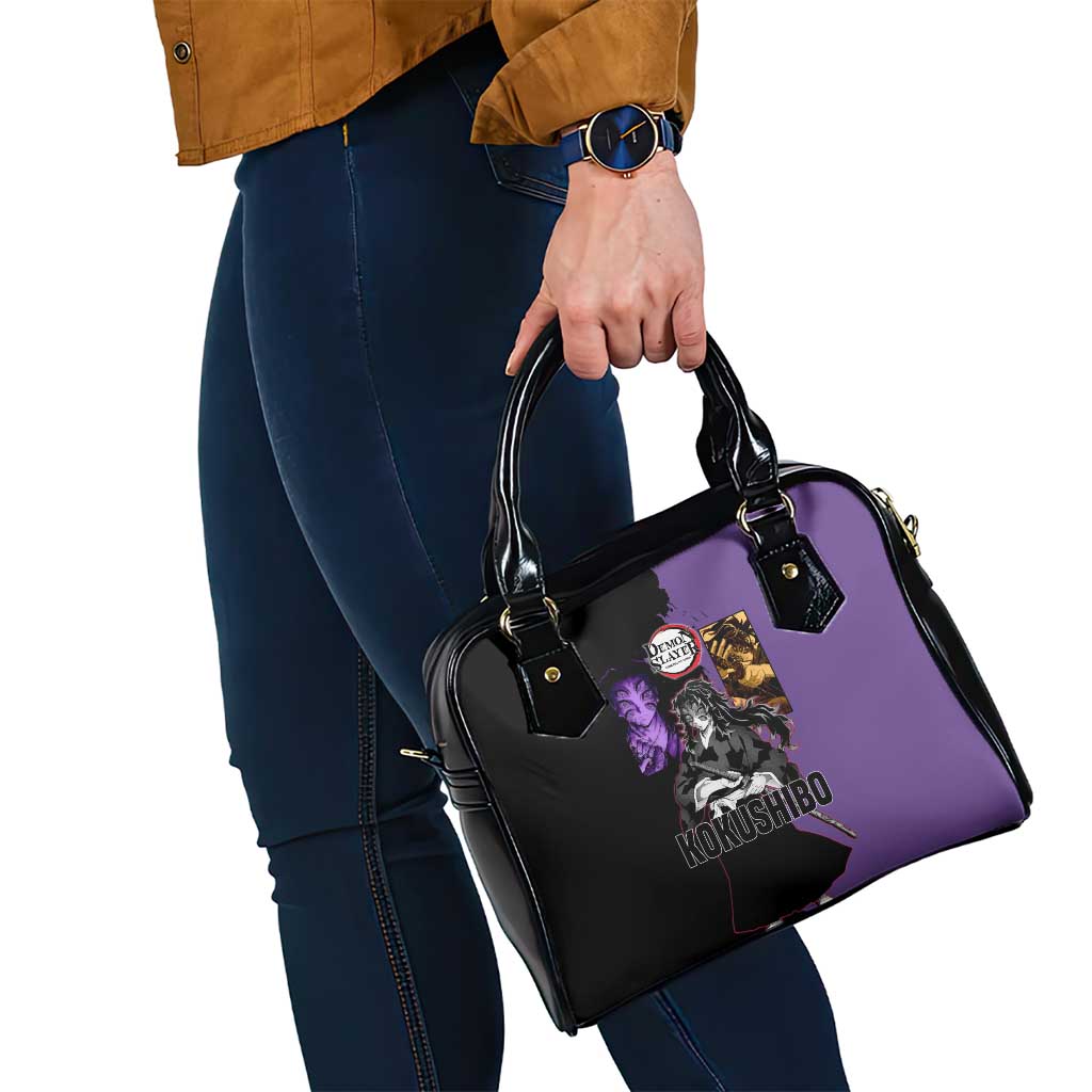 Kokushibo from Demon Slayer Shoulder Handbag with Purple and Black Split Background and Sword Draw Manga Style Design - The Mazicc