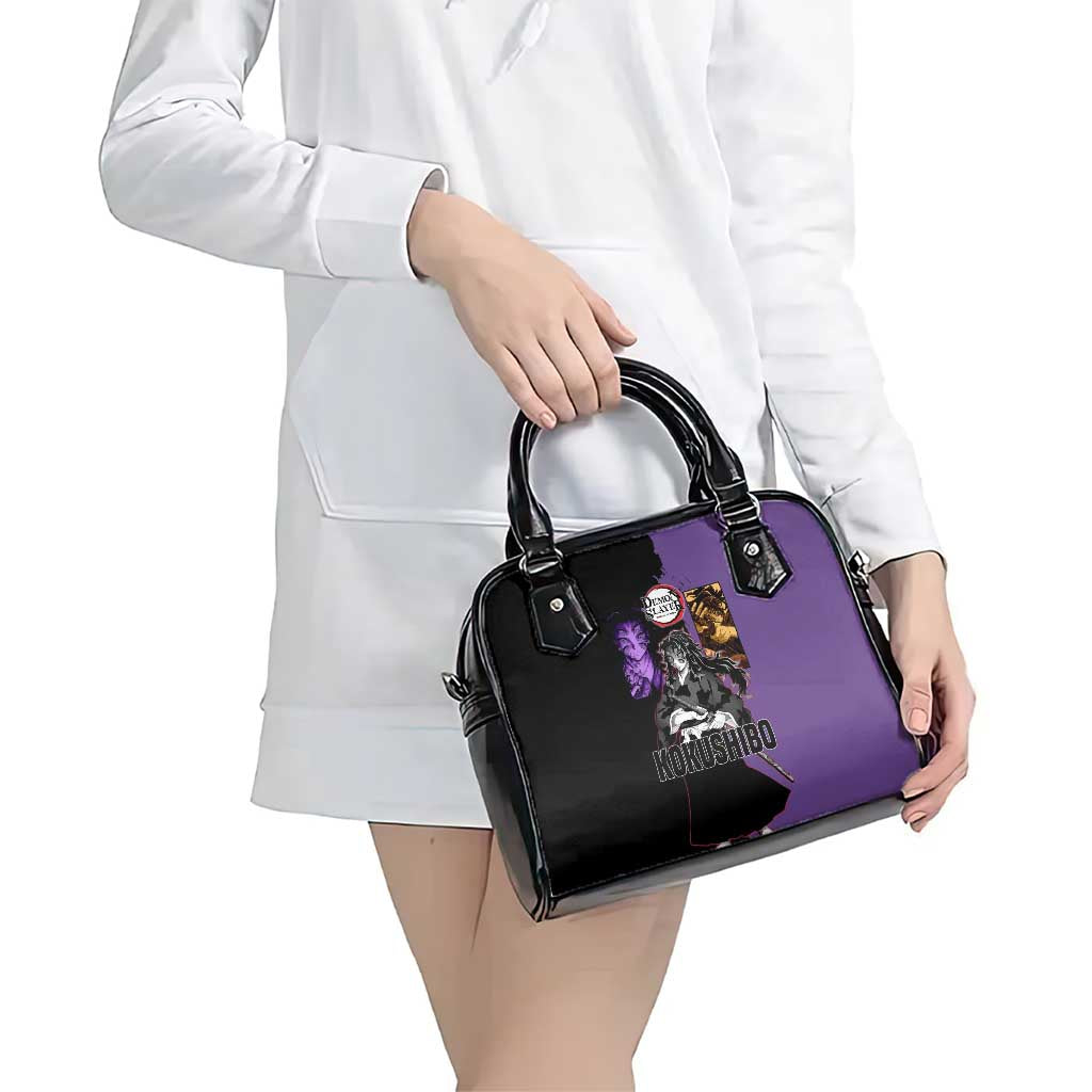 Kokushibo from Demon Slayer Shoulder Handbag with Purple and Black Split Background and Sword Draw Manga Style Design - The Mazicc