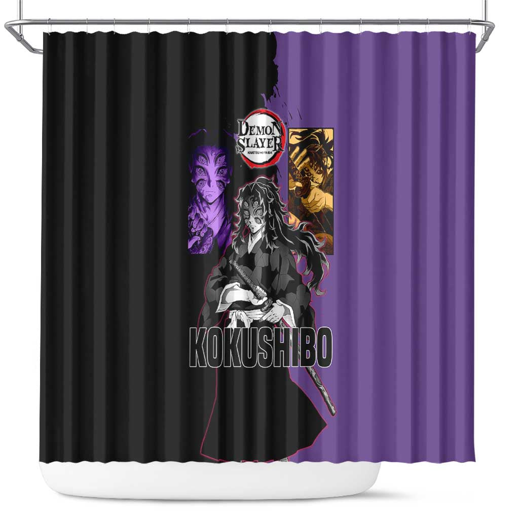 Kokushibo from Demon Slayer Shower Curtain with Purple and Black Split Background and Sword Draw Manga Style Design - The Mazicc