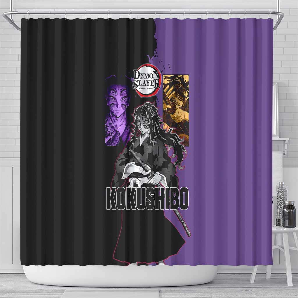 Kokushibo from Demon Slayer Shower Curtain with Purple and Black Split Background and Sword Draw Manga Style Design - The Mazicc