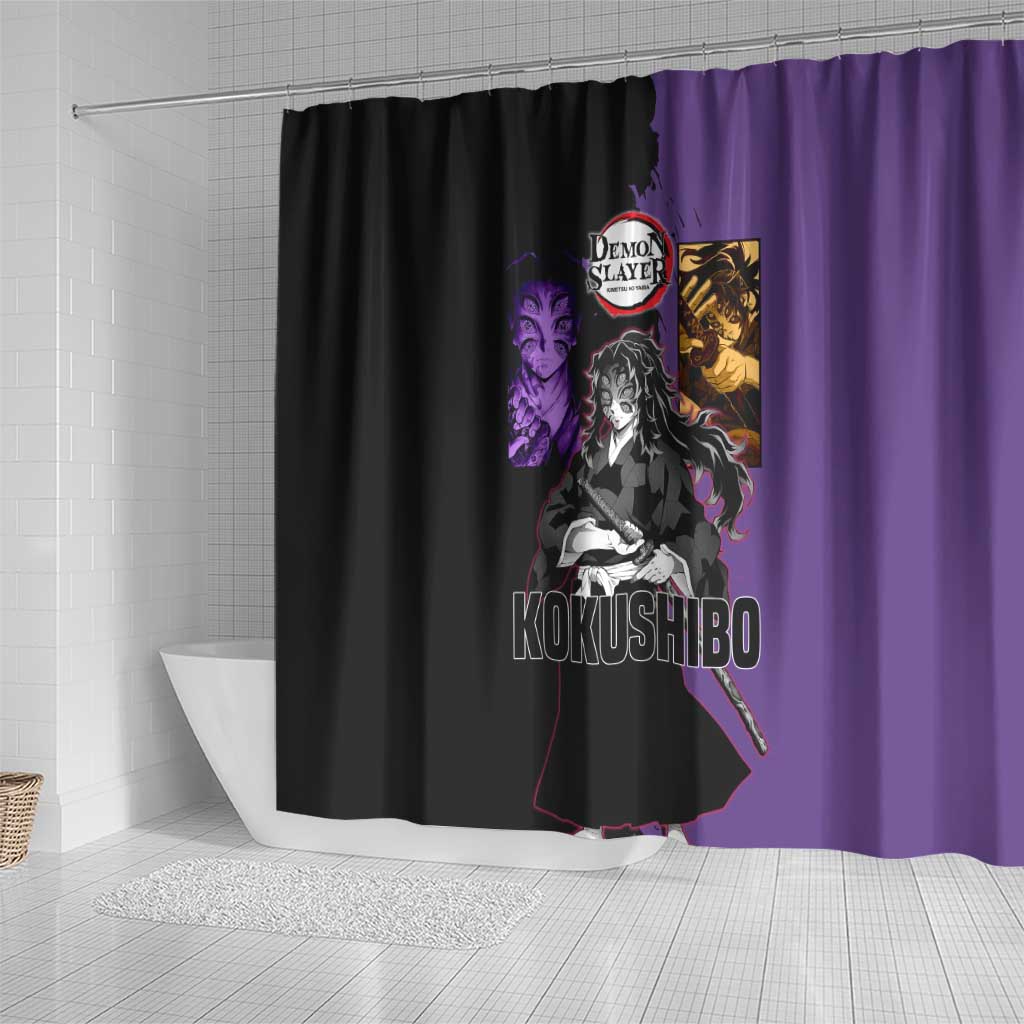 Kokushibo from Demon Slayer Shower Curtain with Purple and Black Split Background and Sword Draw Manga Style Design - The Mazicc
