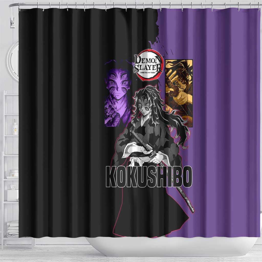 Kokushibo from Demon Slayer Shower Curtain with Purple and Black Split Background and Sword Draw Manga Style Design - The Mazicc